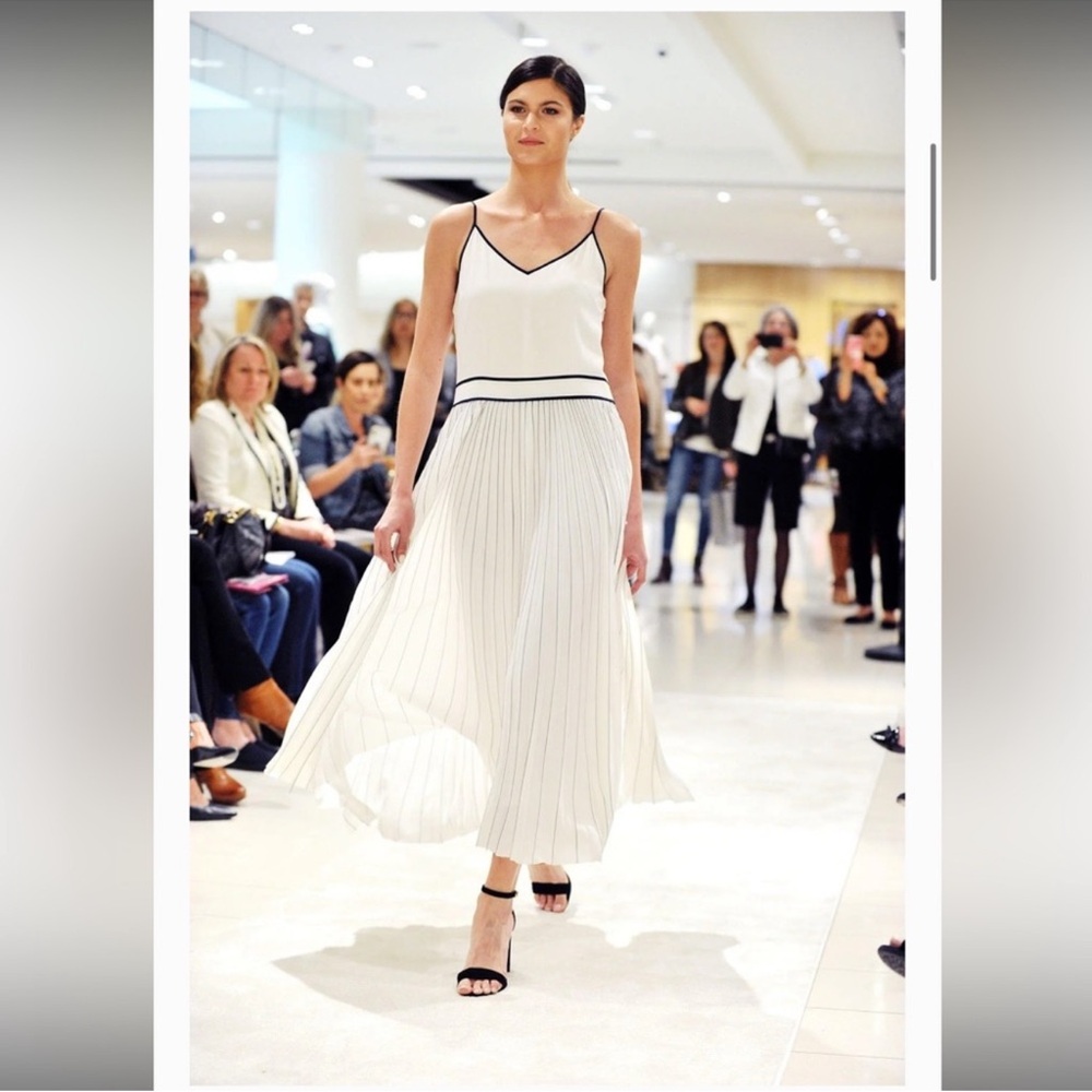 NWT $698 Lafayette 148 Silk Pleated Skirt Midi Dress Cloud Multi Womens L